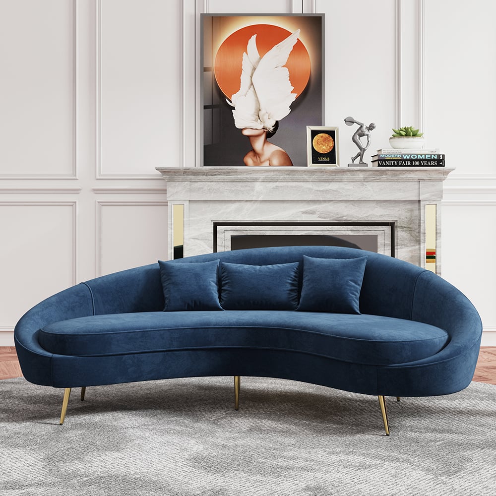 Questions and Answers for Modern 2100mm Blue Velvet Curved 3 Seater Sofa Gold Legs Toss Pillow Included