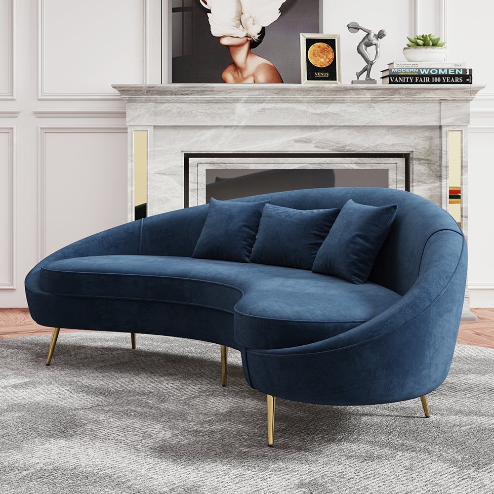 Questions and Answers for Modern 2100mm Blue Velvet Curved 3 Seater Sofa Gold Legs Toss Pillow Included
