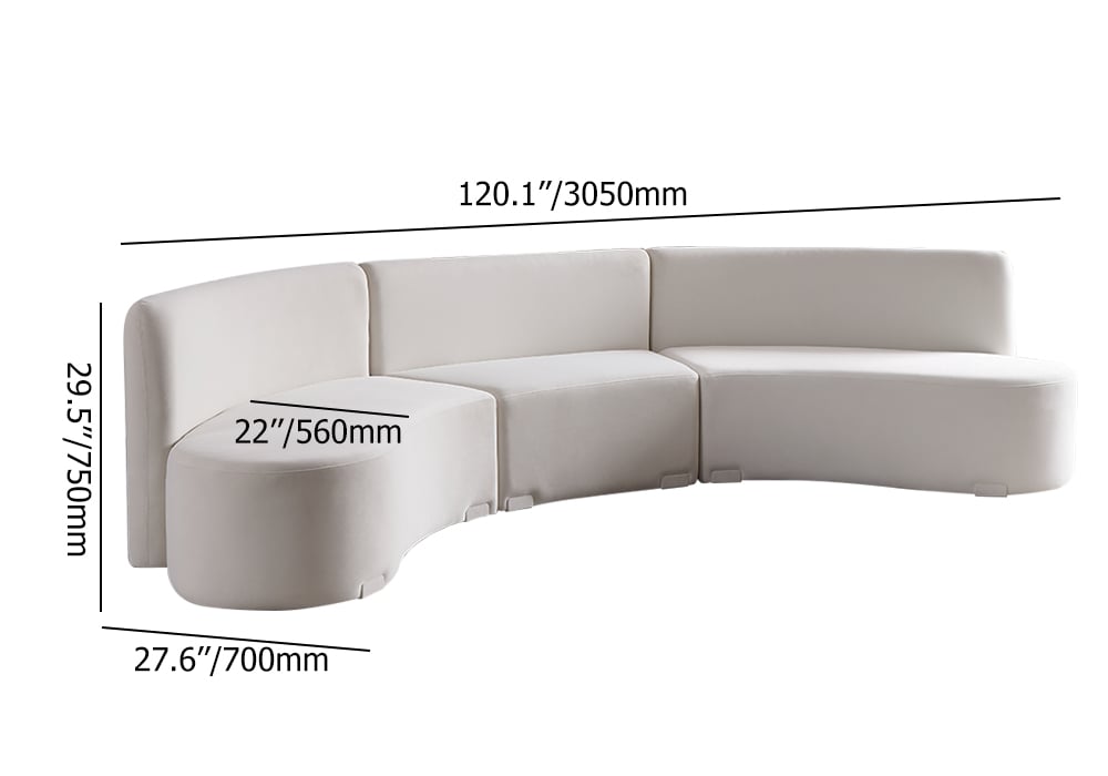 120" Modern White Curved Sectional Floor Sofa Velvet Upholstery for Living Room weights dimensions image