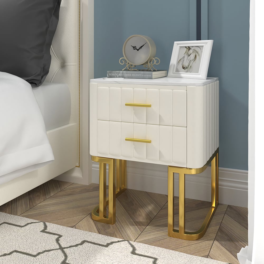 Customer Reviews for White Modern Small 2 Drawers Nightstand with Faux Marble Top and Gold Base