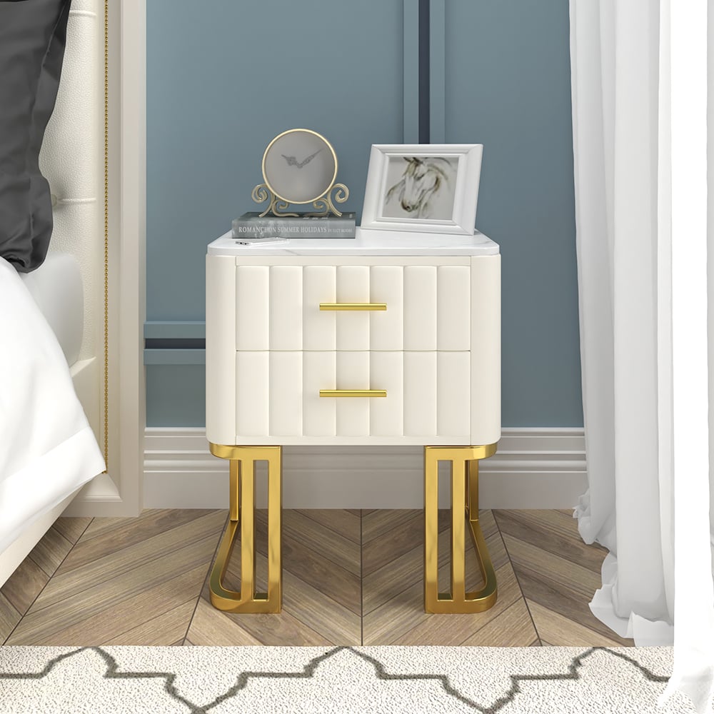 Customer Reviews for White Modern Small 2 Drawers Nightstand with Faux Marble Top and Gold Base