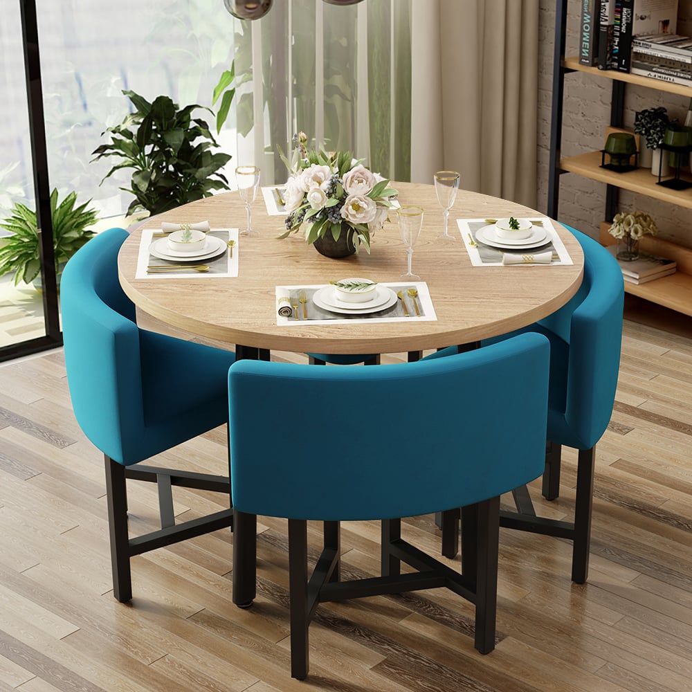 Questions and Answers for Dining Set 39.4" Modern Round Wood Dining Table Natural with 4 Blue Chairs