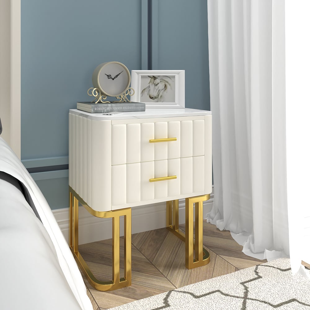 Customer Reviews for White Modern Small 2 Drawers Nightstand with Faux Marble Top and Gold Base