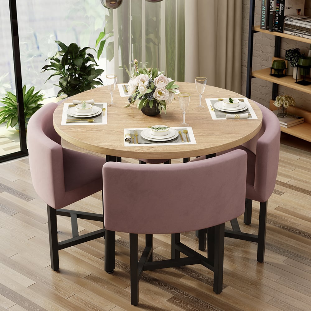 Fragen und Antworten zu 40" runder kleiner Esstisch aus Holz, Set mit 4 rosa gepolsterten Stühlen für Nook Balkon