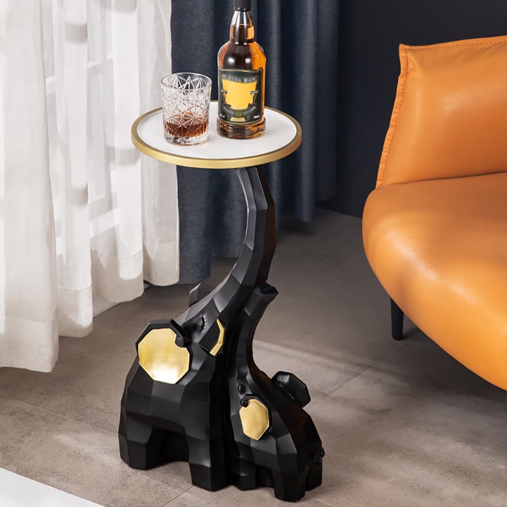 Questions and Answers for Black & Gold End Table with Tray Top Decor Elephant Shape Side Table