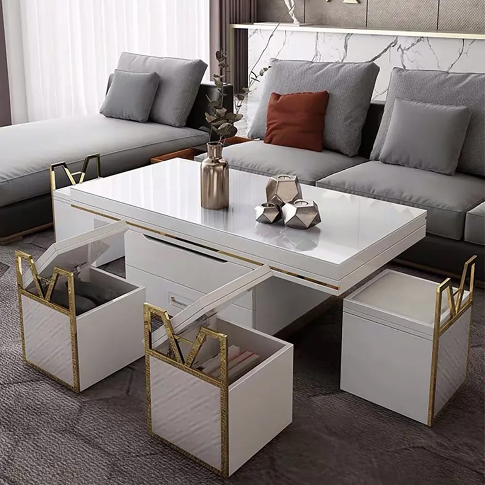 Customer Reviews for White Modern Lift Top Coffee Table Set with Storage & Stools Extendable Accent Table
