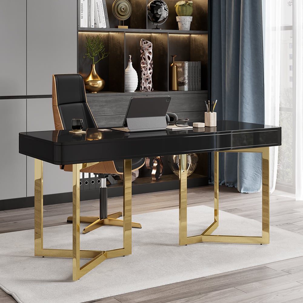 Avis Clients sur Bureau de bureau moderne à 2 tiroirs noir 1400 mm avec base trépied doré en acier inoxydable