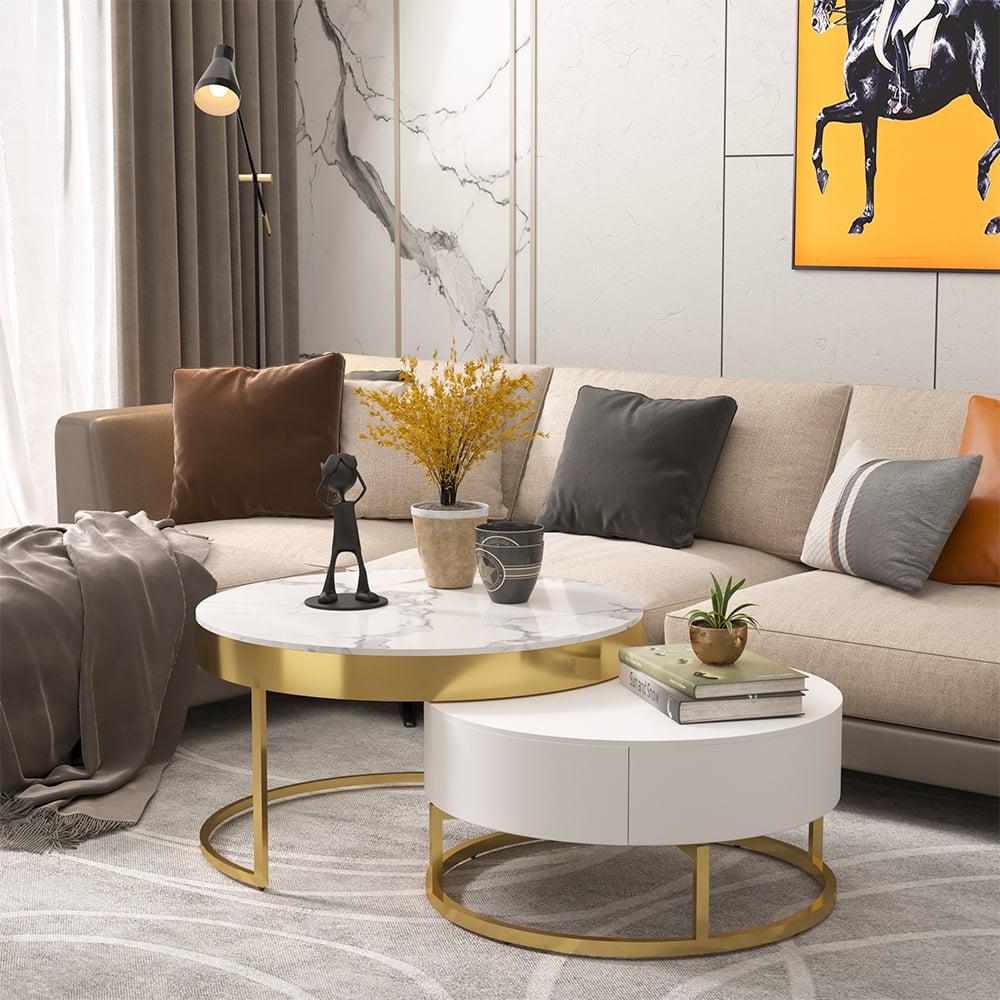 Domande e risposte per Tavolino moderno rotondo in legno Nesnesis con piano rialzabile con cassetti