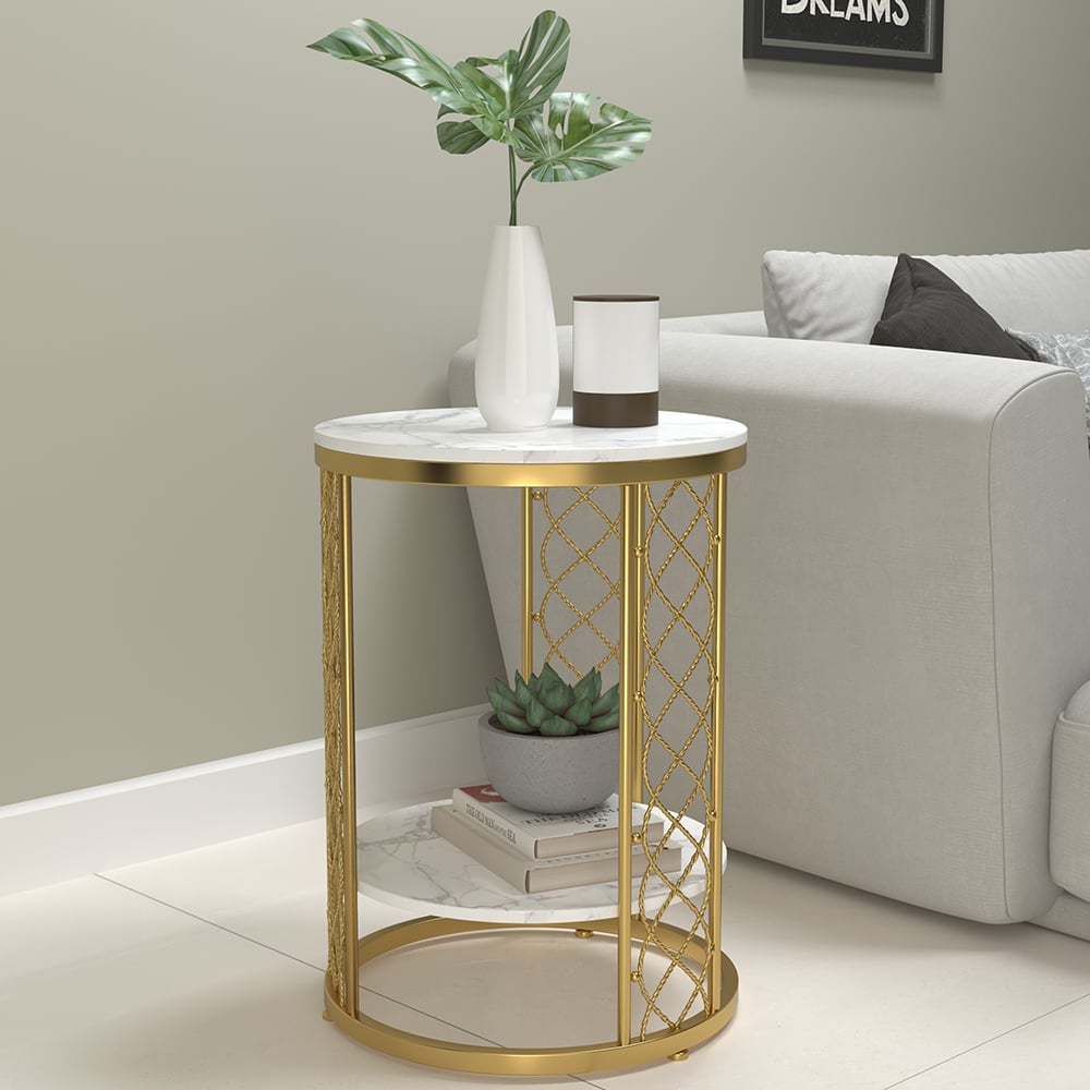 Questions and Answers for Modern White Round End Table with Storage Marble Side Table Metal in Gold