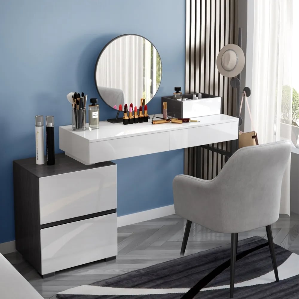 Questions and Answers for Glossy Black & White Extendable Makeup Vanity Dressing Table with Mirror & Side Cabinet