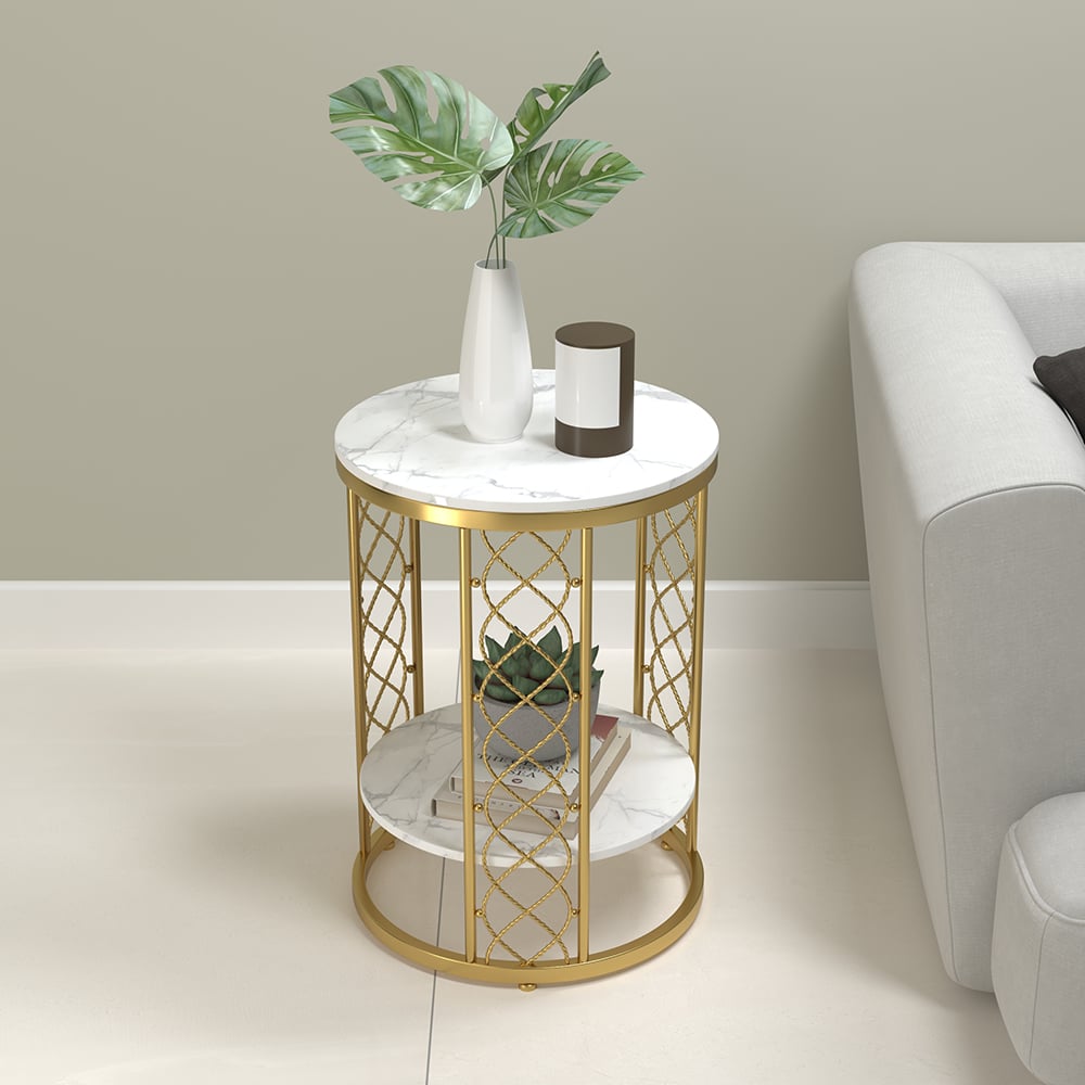 Questions and Answers for Modern White Round End Table with Storage Marble Side Table Metal in Gold