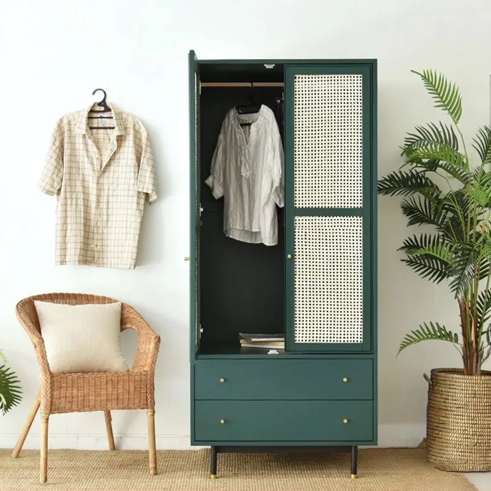 Questions and Answers for Ratta Green Wardrobe Closet Rattan Armoire Clothes Cabinet with 2 Drawers & 2 Doors