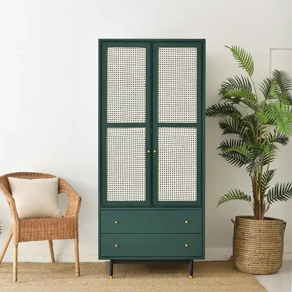 Questions and Answers for Ratta Green Wardrobe Closet Rattan Armoire Clothes Cabinet with 2 Drawers & 2 Doors