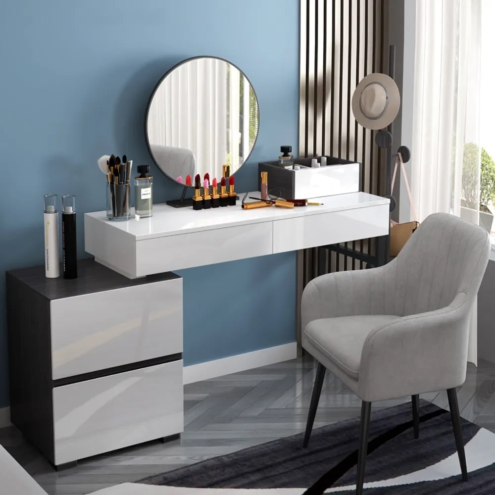Questions and Answers for Glossy Black & White Extendable Makeup Vanity Dressing Table with Mirror & Side Cabinet
