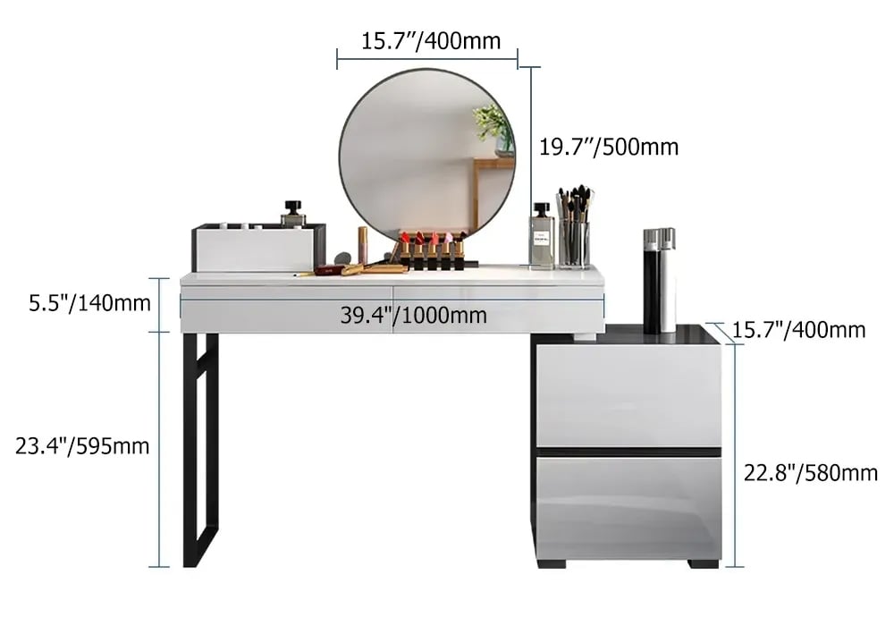 Glossy Black & White Extendable Makeup Vanity Dressing Table with Mirror & Side Cabinet weights dimensions image