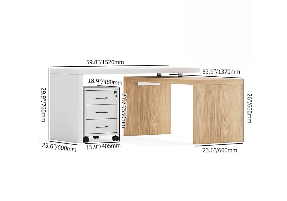 Modern Swivel Desk & Off White Home Office Chair Set Movable File Cabinet L-Shaped  weights dimensions image