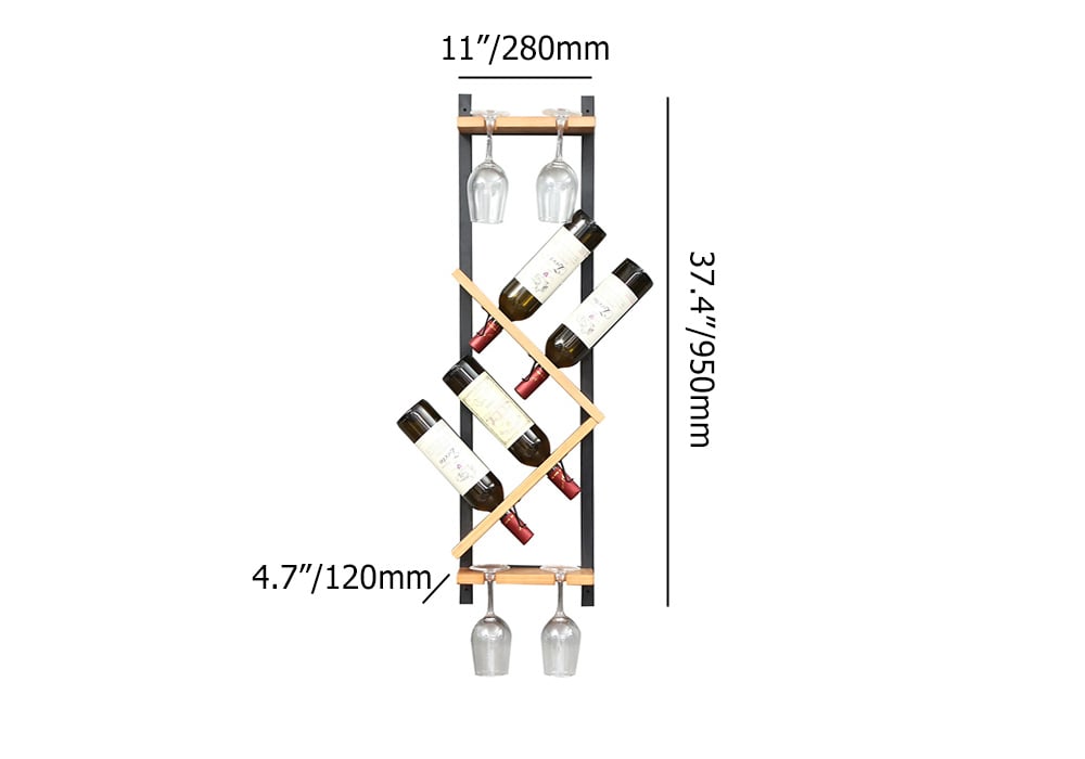 Modern Wall Mounted Wood Wine Rack 4-Bottle & 4 Wine Glass Rack Stemware Holder Rack weights dimensions image