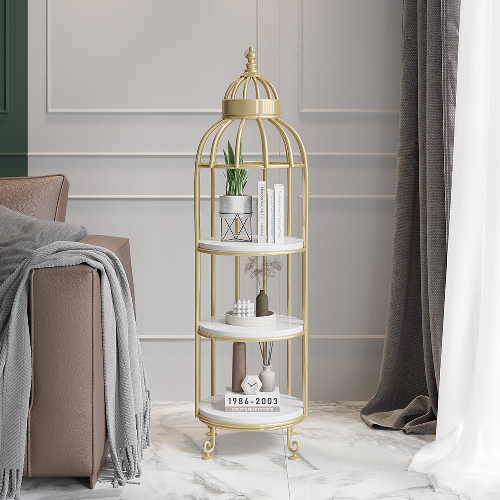 Questions and Answers for Modern Bird Cage Shaped Plant Flower Stand Bathroom Storage Tower Gold Bookcase