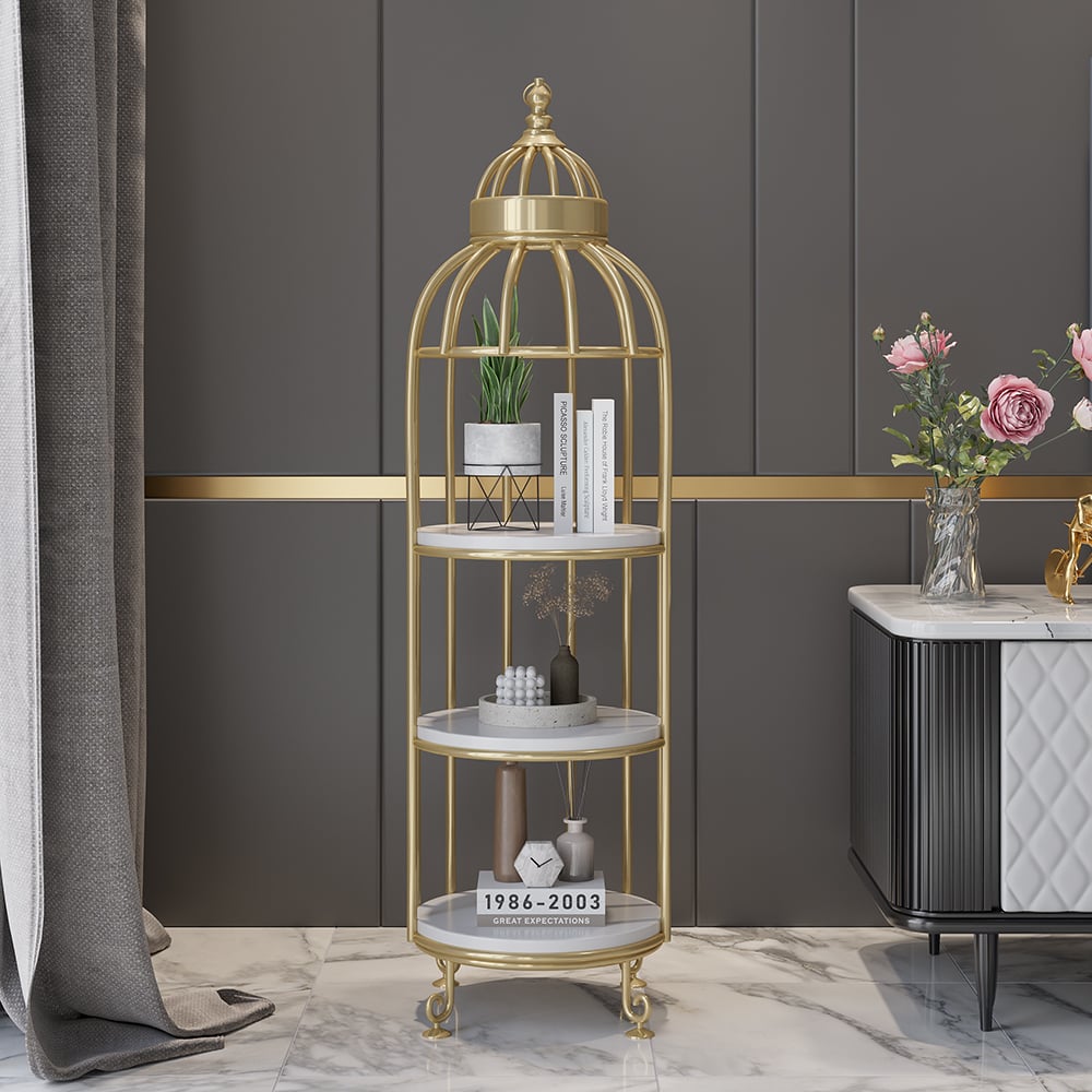Questions and Answers for Modern Bird Cage Shaped Plant Flower Stand Bathroom Storage Tower Gold Bookcase