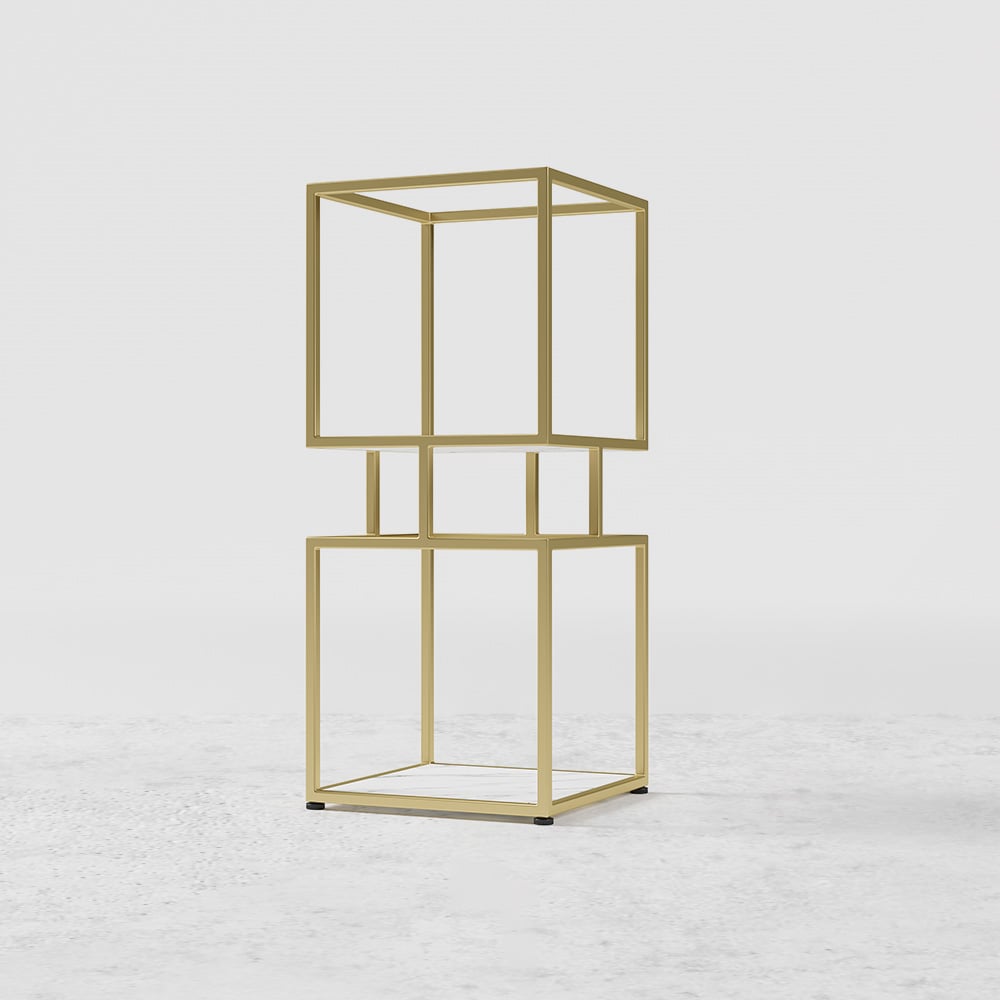 Vragen en antwoorden voor 2-laags moderne gouden kubusboekenkast met metalen torendisplayplank