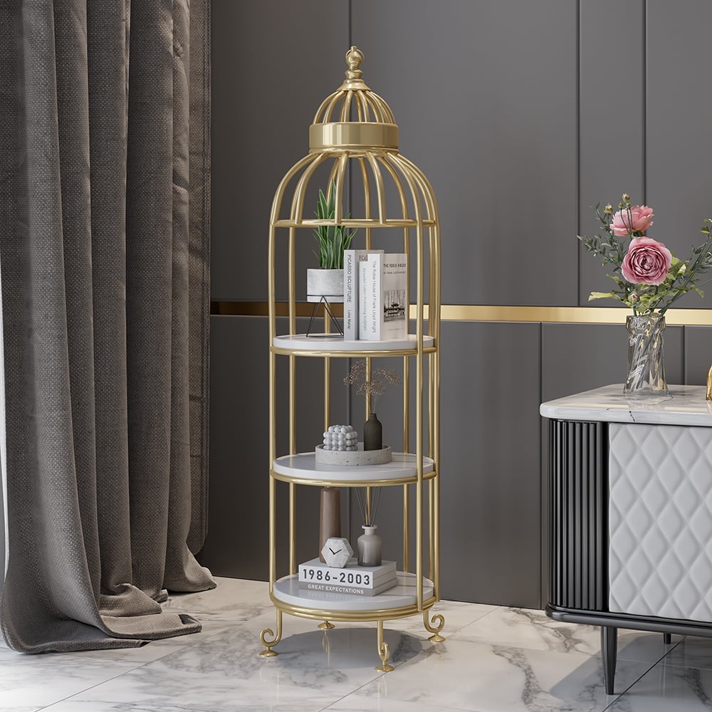 Questions and Answers for Modern Bird Cage Shaped Plant Flower Stand Bathroom Storage Tower Gold Bookcase