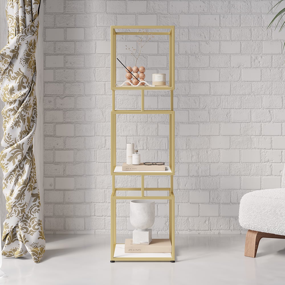 Customer Reviews for 3-Tier Modern Cube Bookcase with Metal Frame in Gold, Display Shelf