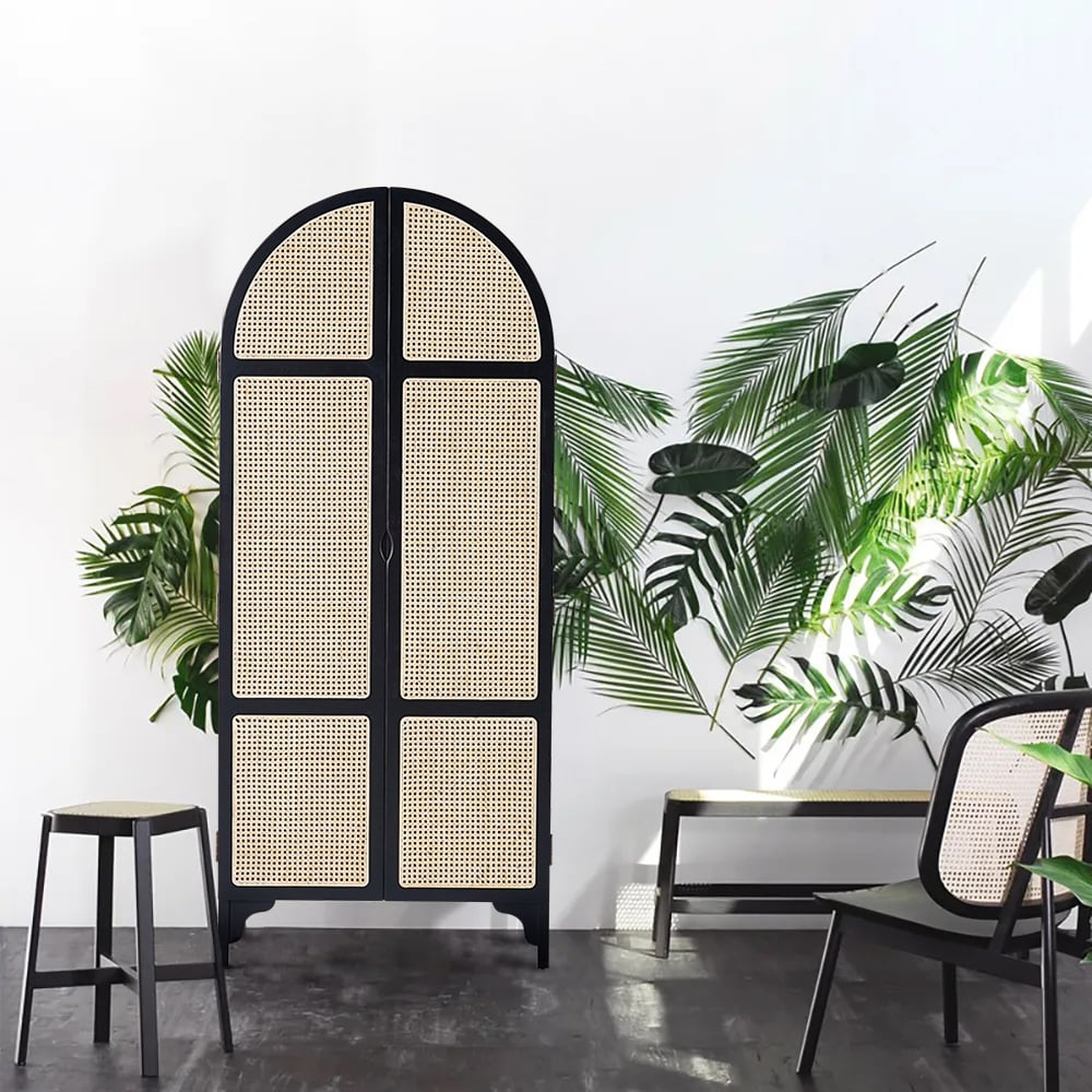 Questions and Answers for Woven Rattan Bedroom Clothing Armoire with Hidden 2 Doors and Drawers Wardrobe, Black