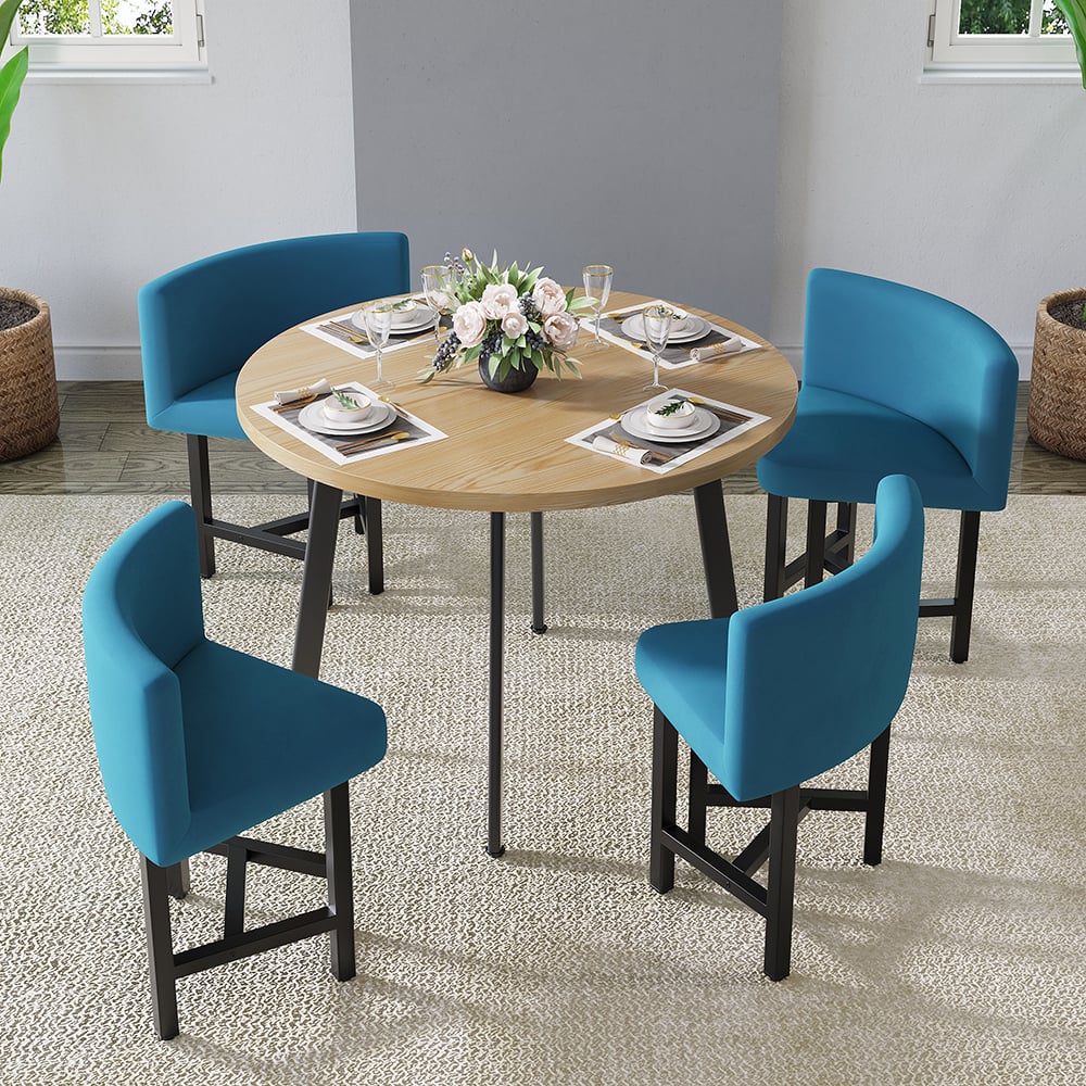 Questions and Answers for Dining Set 39.4" Modern Round Wood Dining Table Natural with 4 Blue Chairs