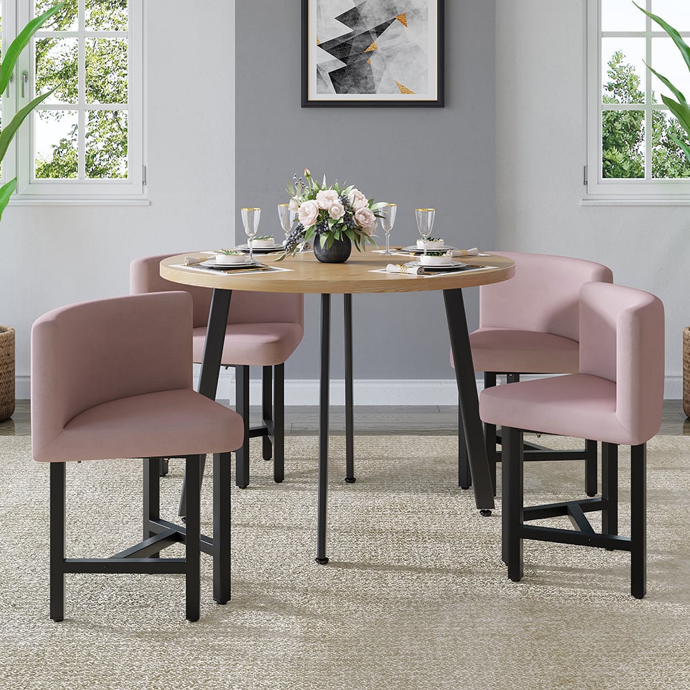 Fragen und Antworten zu 40" runder kleiner Esstisch aus Holz, Set mit 4 rosa gepolsterten Stühlen für Nook Balkon
