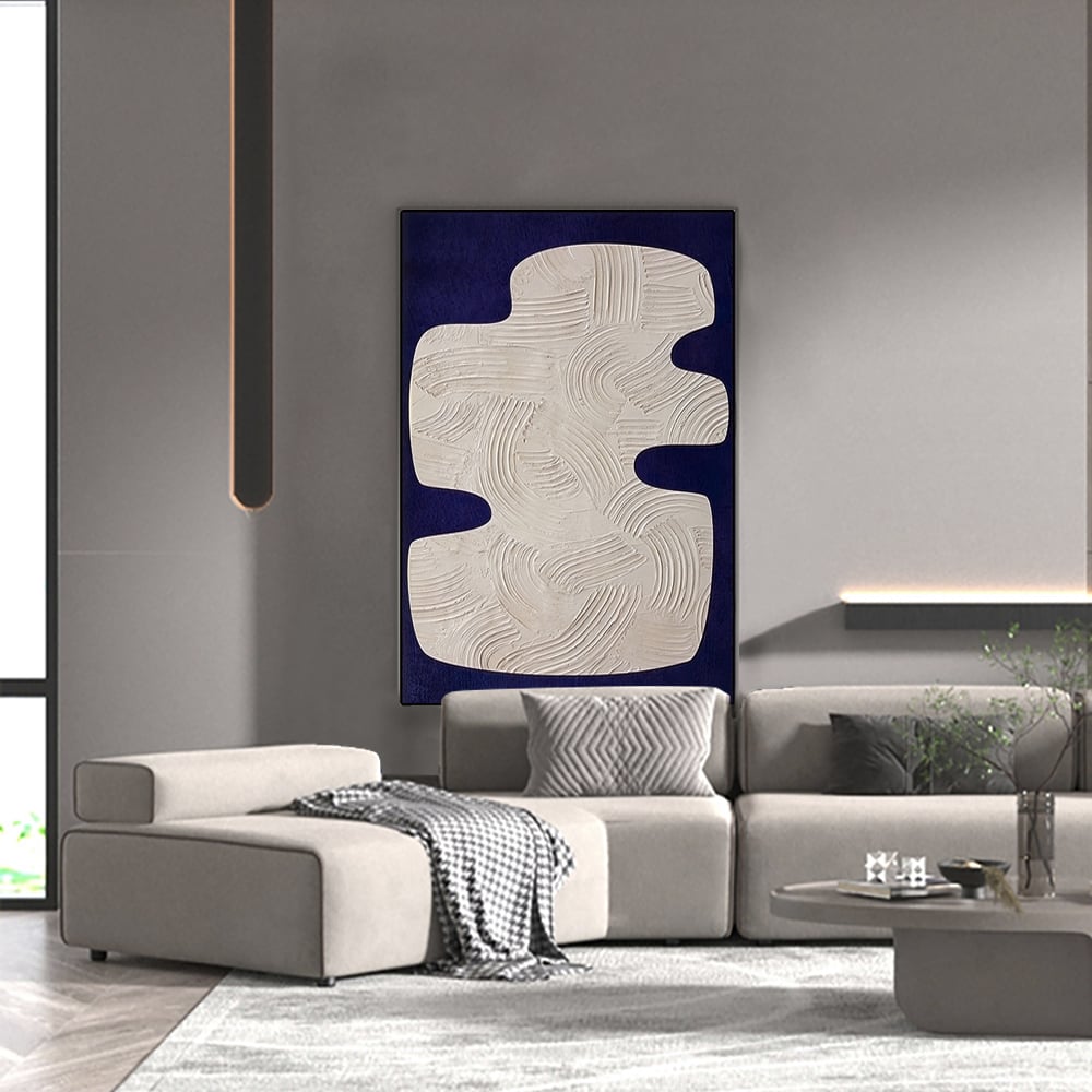 Otázky a odpovědi pro Japandi 3D nástěnná výzdoba pro obývací pokoj Domov Abstraktní umělecká malba s rámem modrá a bílá