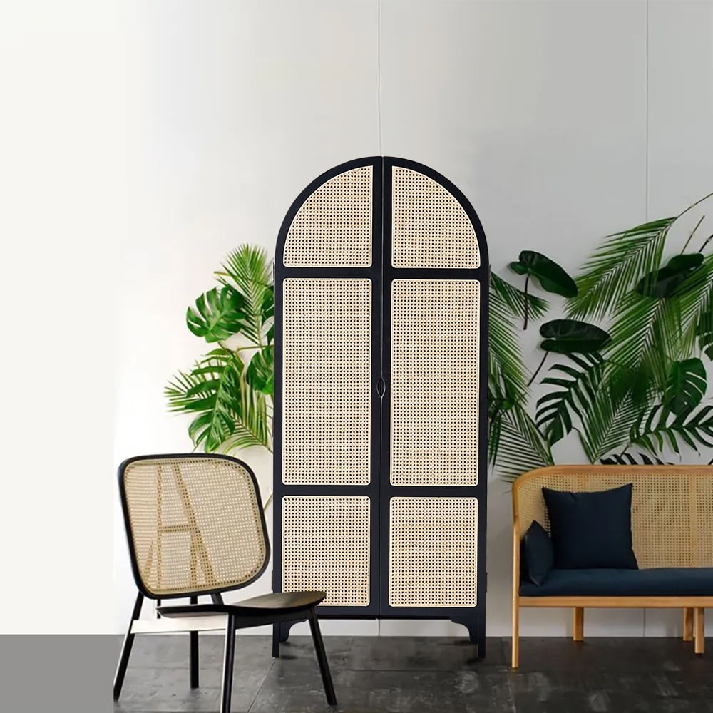 Questions and Answers for Woven Rattan Bedroom Clothing Armoire with Hidden 2 Doors and Drawers Wardrobe, Black