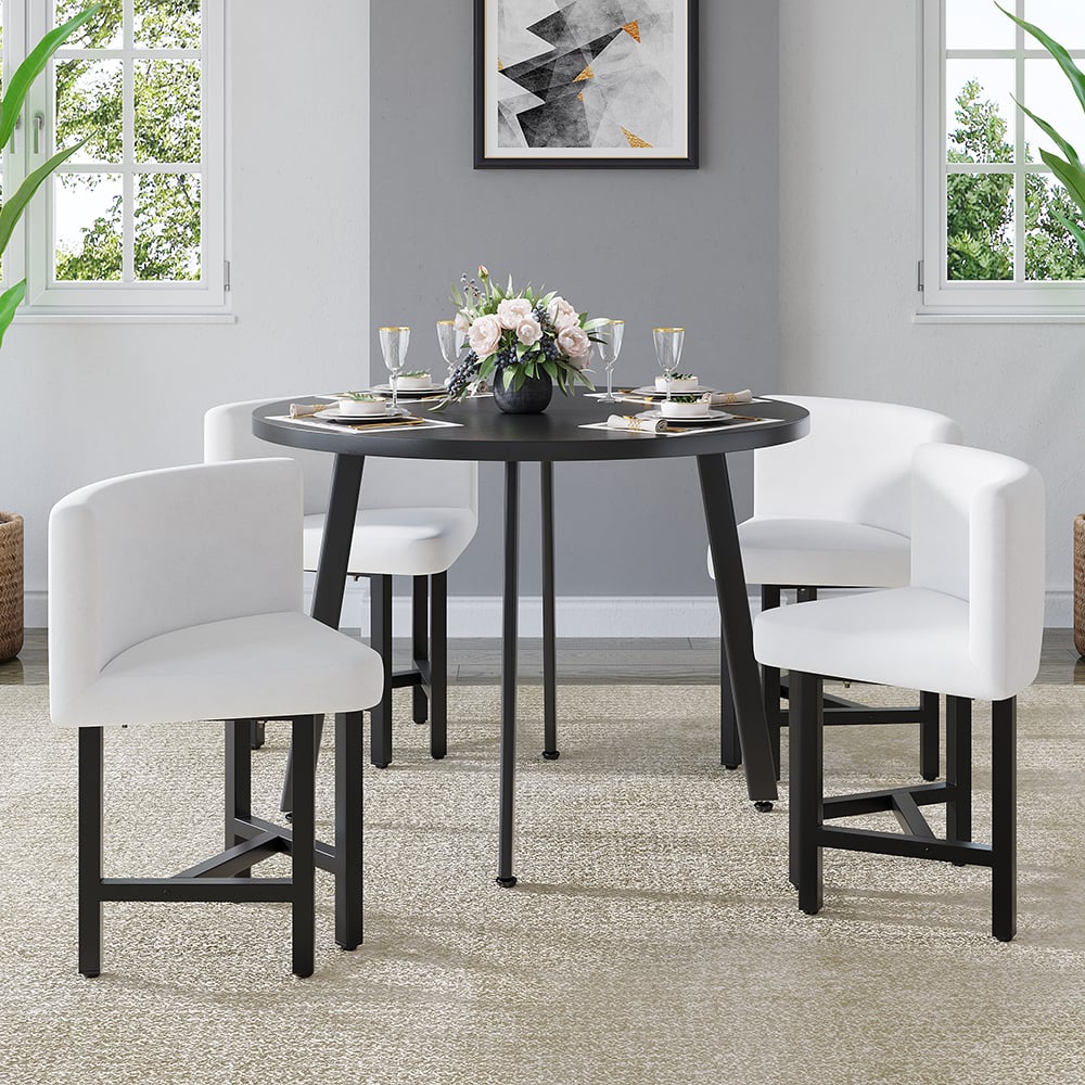 Questions and Answers for 1000mm Round Wooden Small Nesting Dining Table Set for 4 White Upholstered Chairs