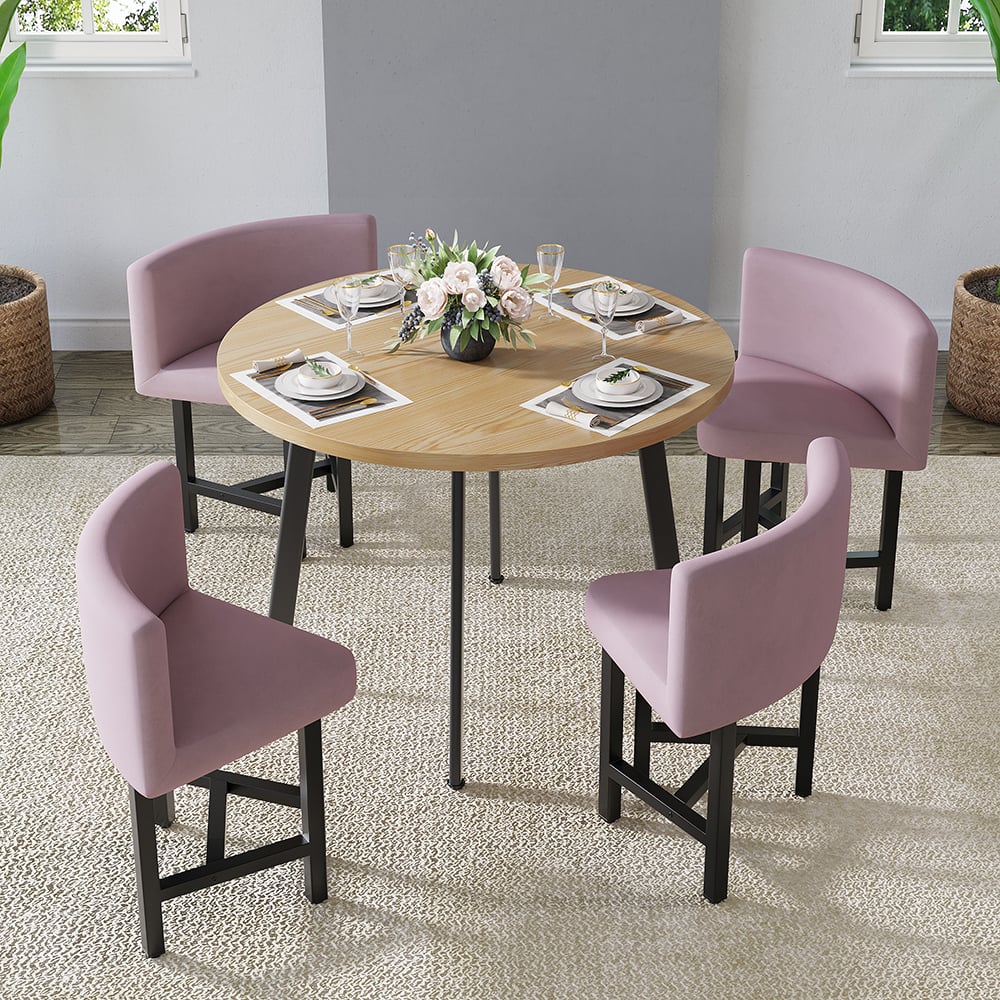Fragen und Antworten zu 40" runder kleiner Esstisch aus Holz, Set mit 4 rosa gepolsterten Stühlen für Nook Balkon