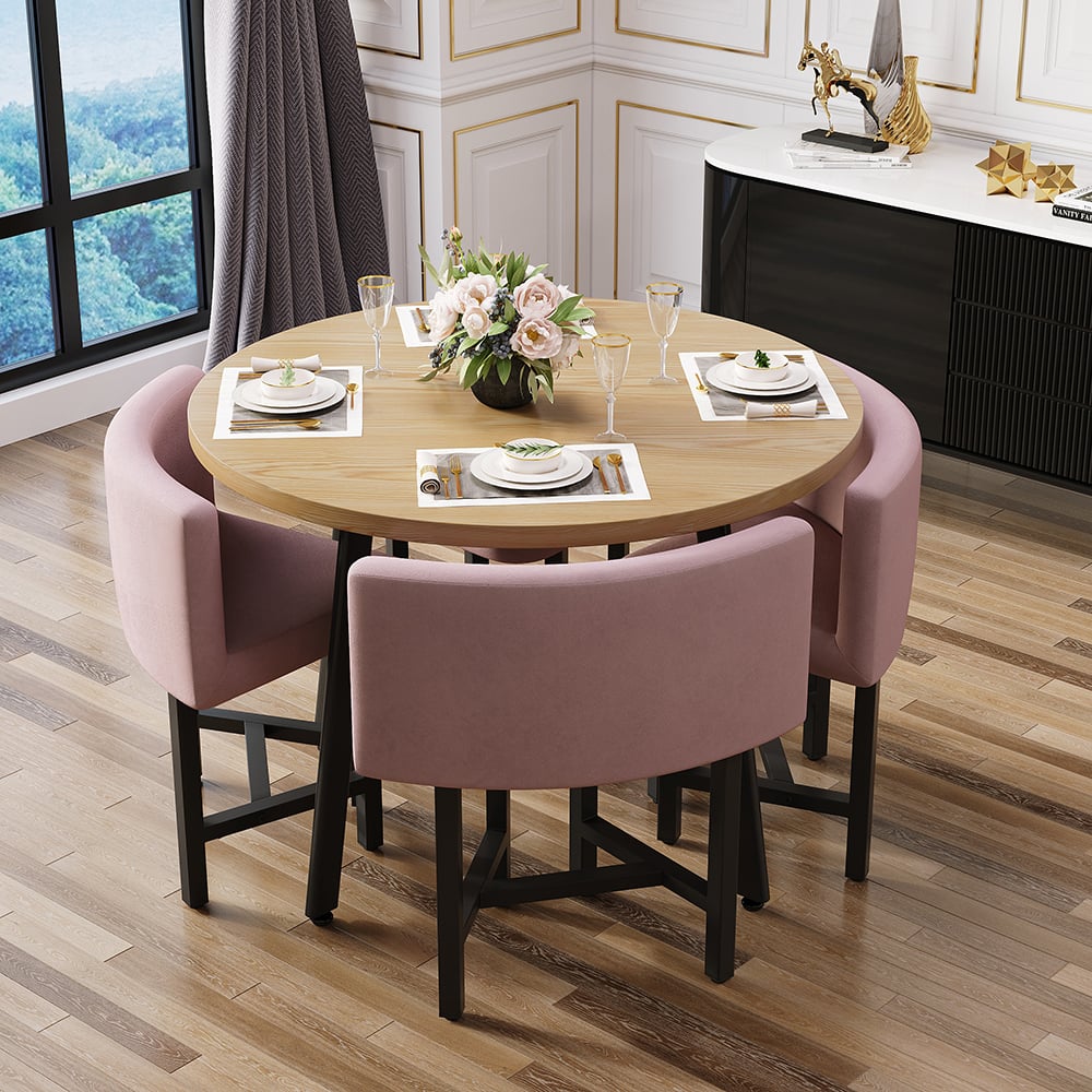 Fragen und Antworten zu 40" runder kleiner Esstisch aus Holz, Set mit 4 rosa gepolsterten Stühlen für Nook Balkon