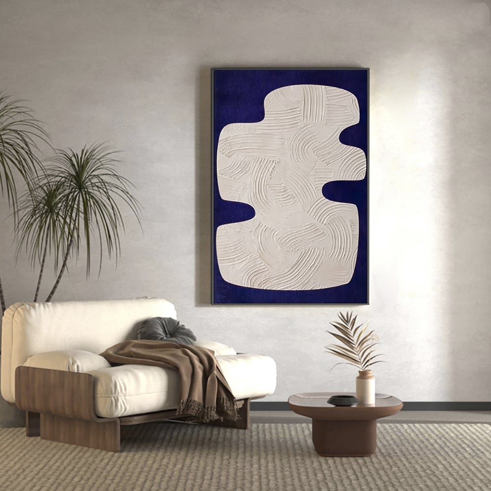 Otázky a odpovědi pro Japandi 3D nástěnná výzdoba pro obývací pokoj Domov Abstraktní umělecká malba s rámem modrá a bílá