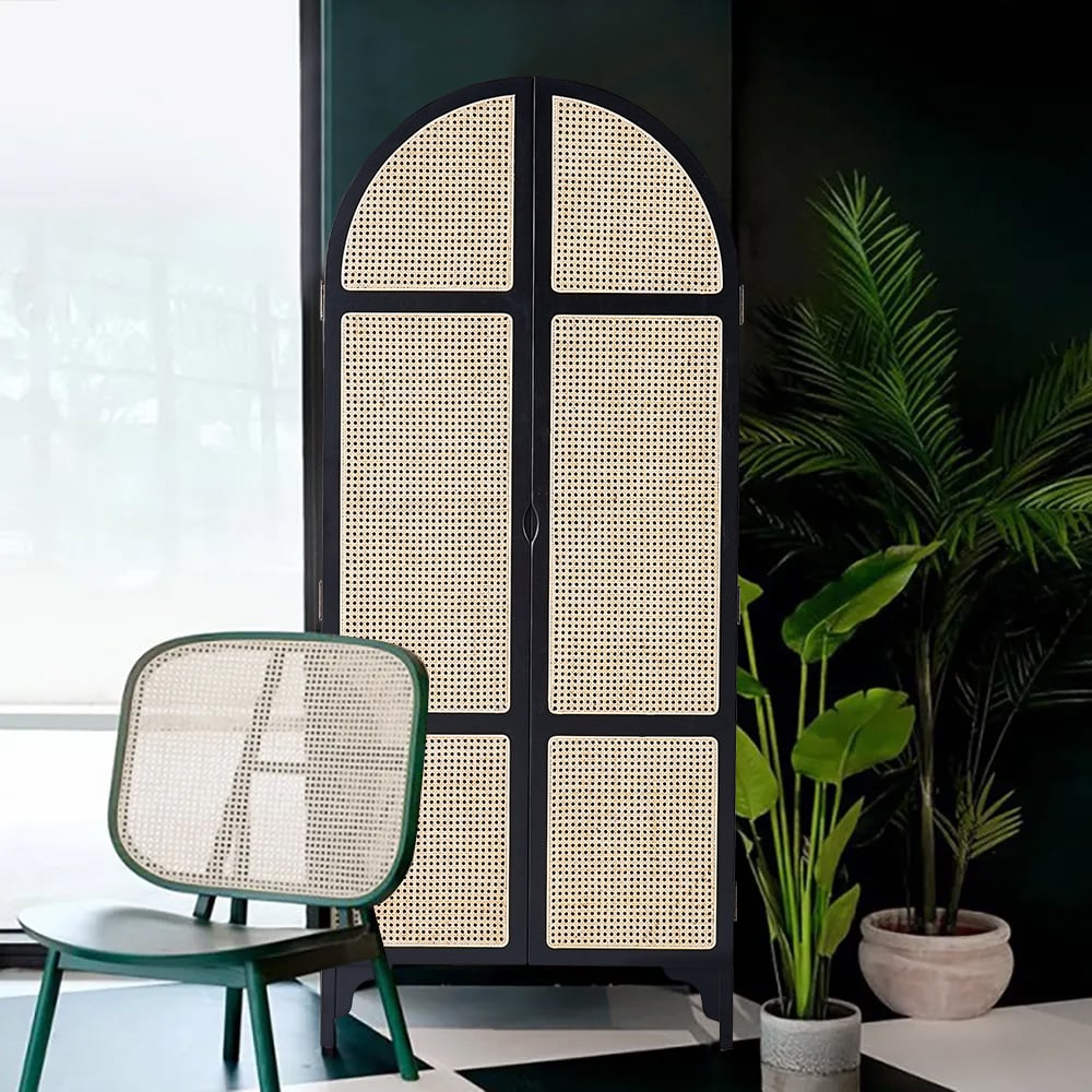 Questions and Answers for Woven Rattan Bedroom Clothing Armoire with Hidden 2 Doors and Drawers Wardrobe, Black