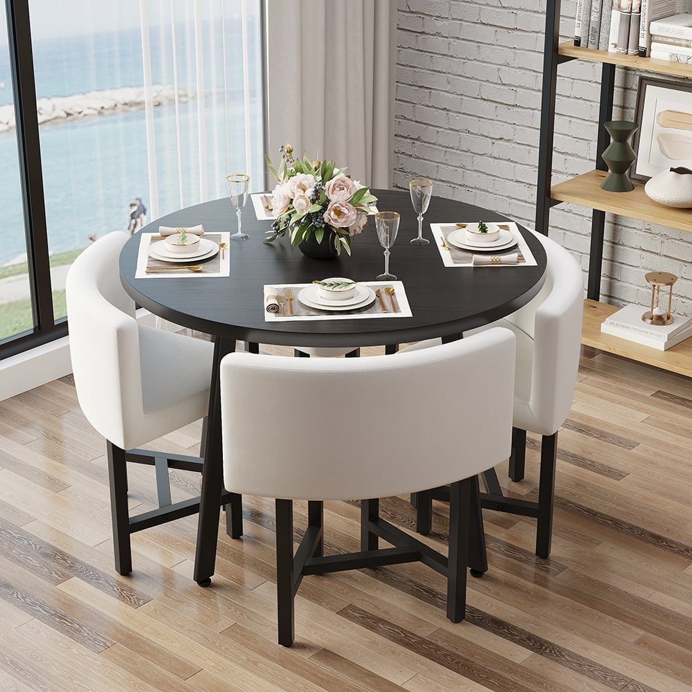 Questions and Answers for 1000mm Round Wooden Small Nesting Dining Table Set for 4 White Upholstered Chairs