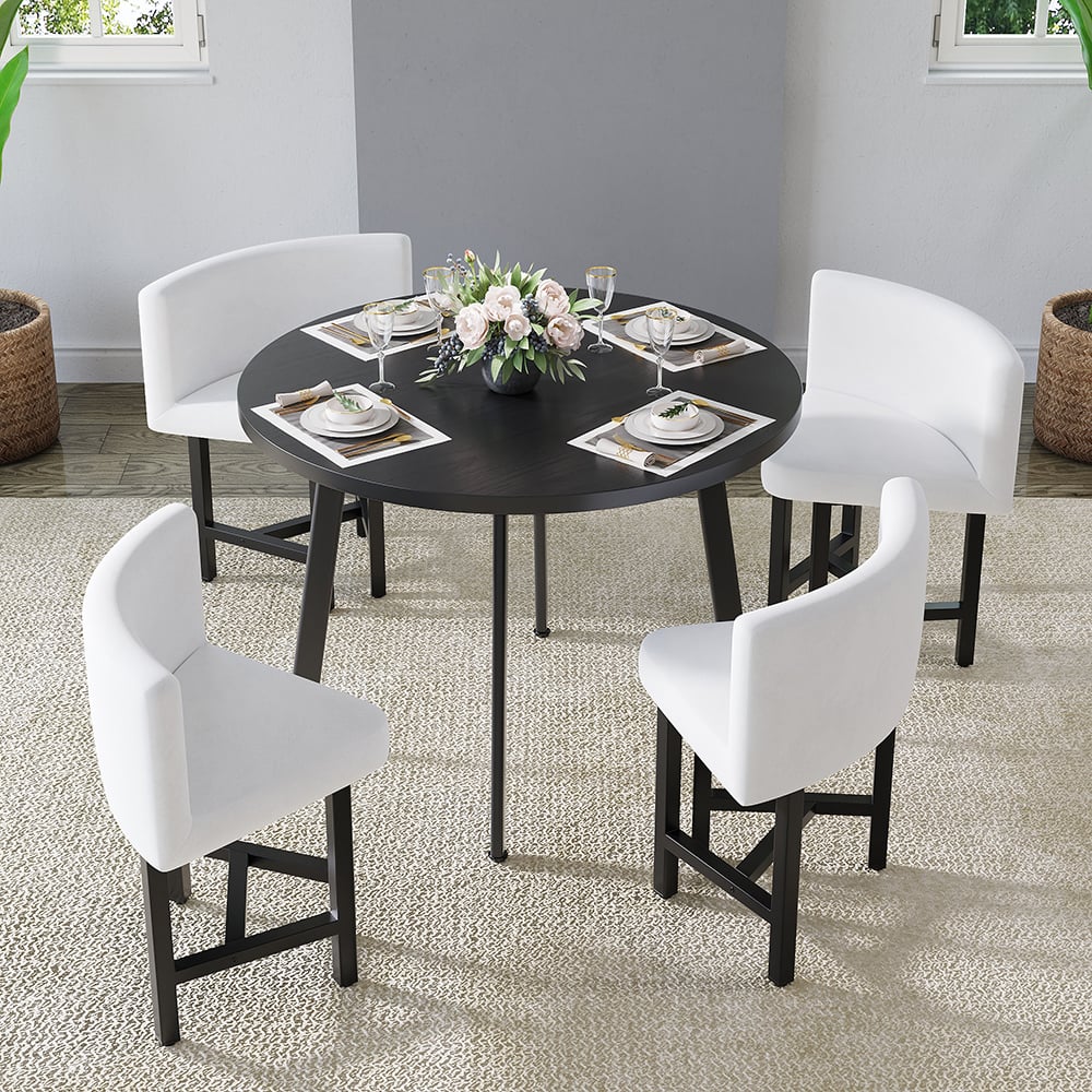 Questions and Answers for 1000mm Round Wooden Small Nesting Dining Table Set for 4 White Upholstered Chairs