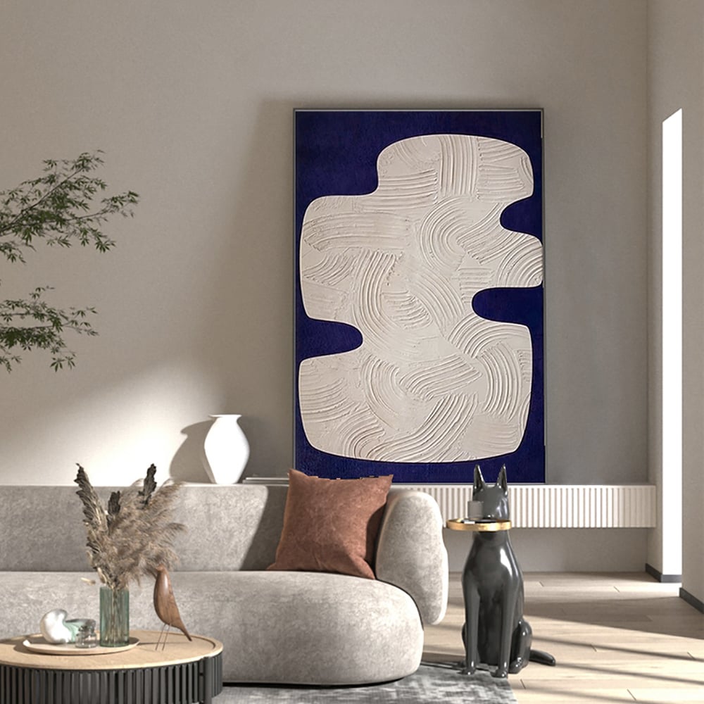 Otázky a odpovědi pro Japandi 3D nástěnná výzdoba pro obývací pokoj Domov Abstraktní umělecká malba s rámem modrá a bílá