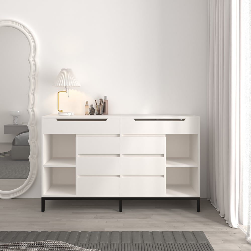 Questions et Réponses pour Commode de chambre moderne avec 8 tiroirs, commode, miroir et meuble de rangement