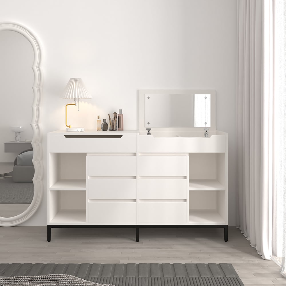 Questions et Réponses pour Commode de chambre moderne avec 8 tiroirs, commode, miroir et meuble de rangement