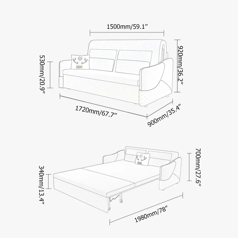 68" Queen 2-Seater Linen Sleeper Sofa with Trundle weights dimensions image