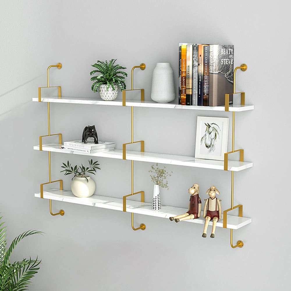 Questions and Answers for 3-Tier Modern Wall Mounted Shelves Long Floating Shelving in White & Gold