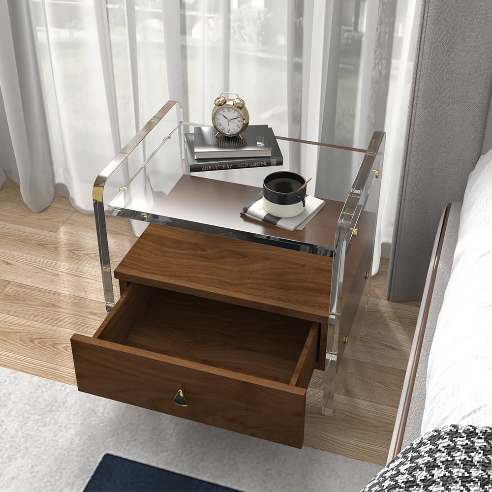 Questions and Answers for Modern Clear Acrylic Wood Bedside Table with Storage & Shelf for Bedroom