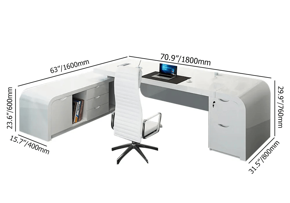 Chicent White L-shaped Modern Computer Desk with Cabinet Left Hand (70.9'') weights dimensions image