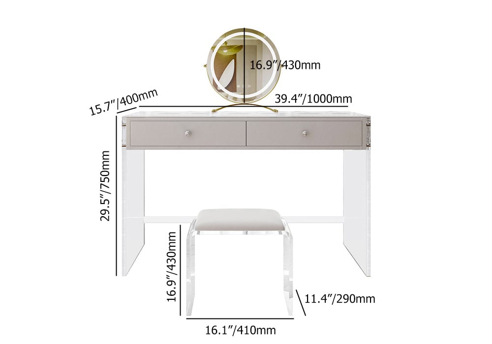 Modern Acrylic Floating Makeup Vanity Set with LED Lighted Standing Mirror & Stool weights dimensions image