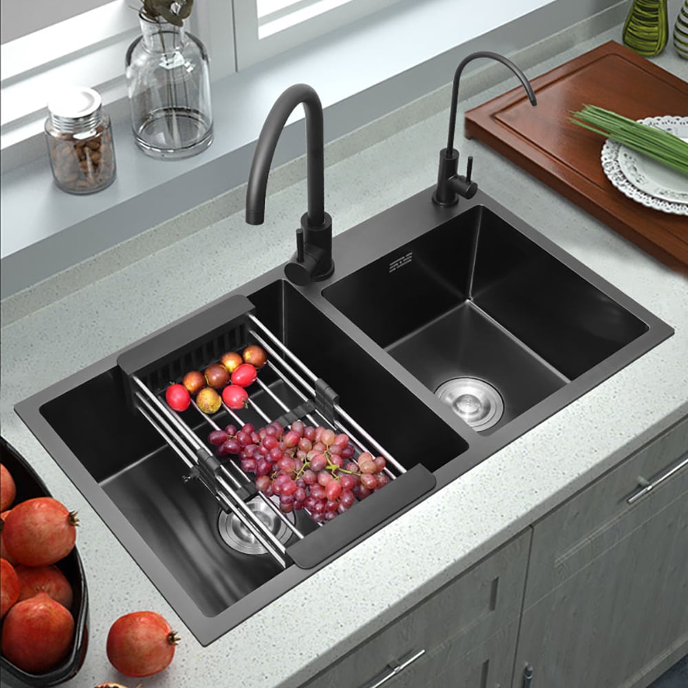 Questions and Answers for 820mm Black Stainless Steel Kitchen Sink Double Bowls Drop-In Sink with Waste
