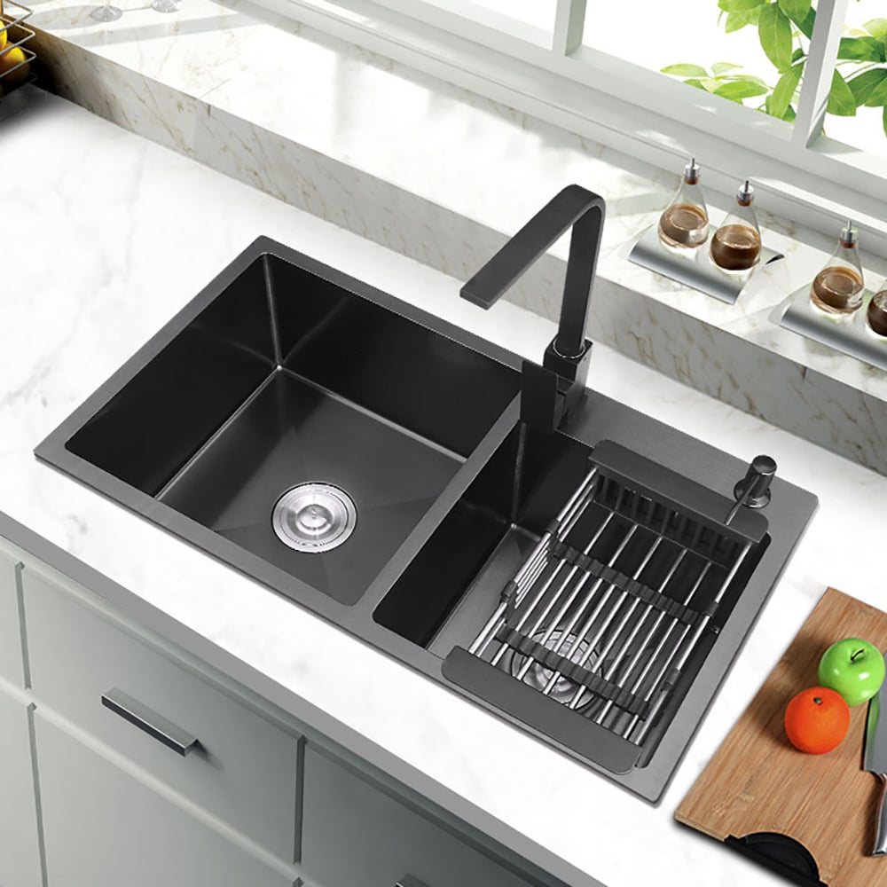 Questions and Answers for 820mm Black Stainless Steel Kitchen Sink Double Bowls Drop-In Sink with Waste