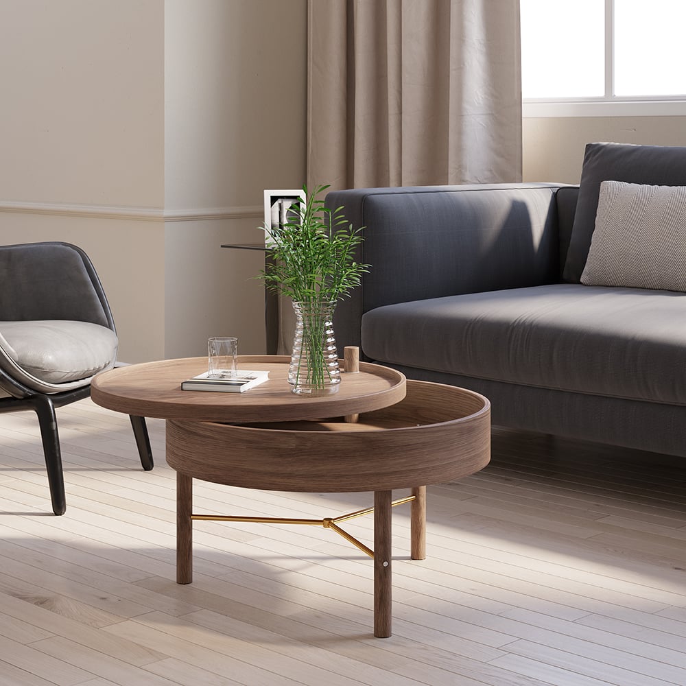Questions and Answers for Modern Round Wood Rotating Tray Coffee Table with Storage & Metal Legs in Walnut