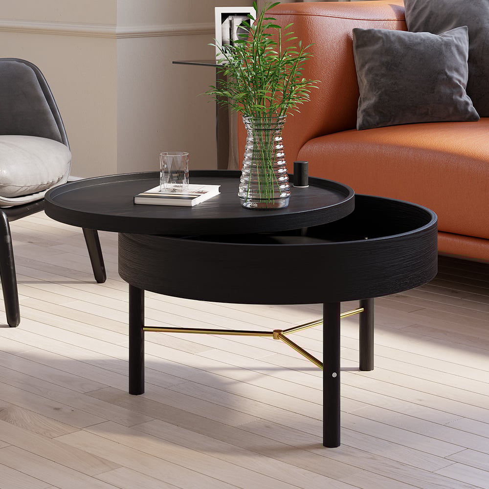 Questions et Réponses pour Table basse pivotante ronde moderne en bois avec étagère et pieds en métal en noir